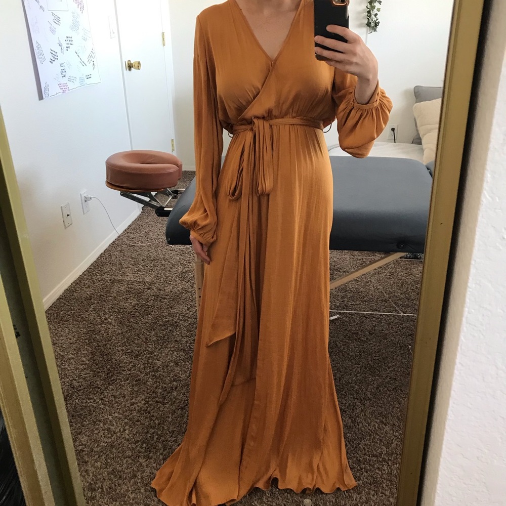 Mustard tie maxi dress 100% polyester
